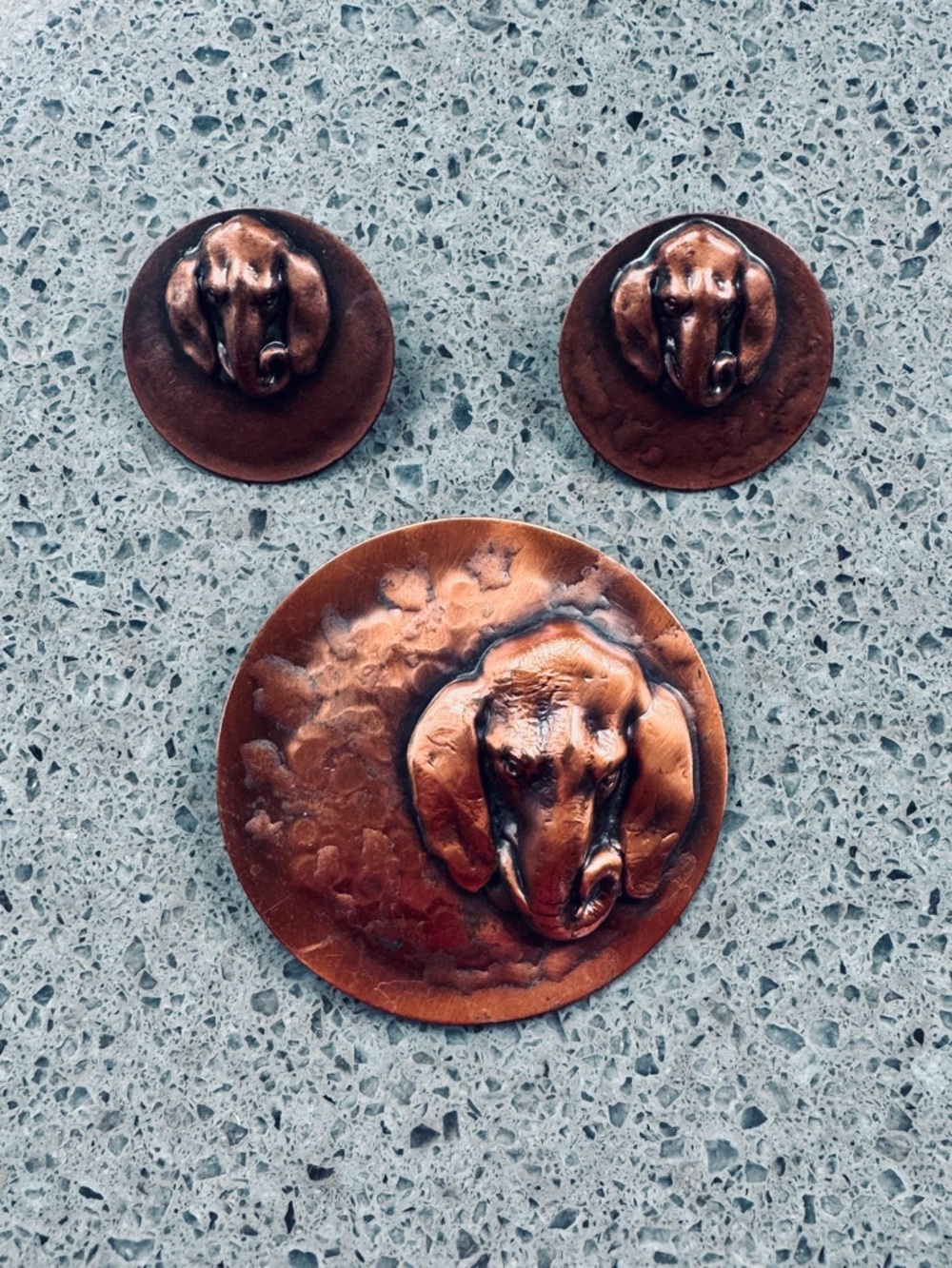 Large Vintage Abstract Brooch Elephant Relief Pin & Post Earrings Copper-Toned